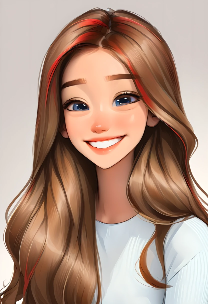 portrait of a cute woman, Grinning, long hair, light brown hair with red highlights, blue eyes, wearing white, White background, webtoon style