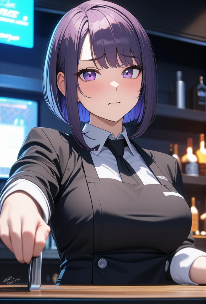 Adult Female, Black purple hair, slanted bob haircut, apathetic expression, perfect purple eyes, cyberpunk bar, bartender, bartender uniform, highly detailed, high quality, perfect quality, 8k, cleaning, solid black pupils