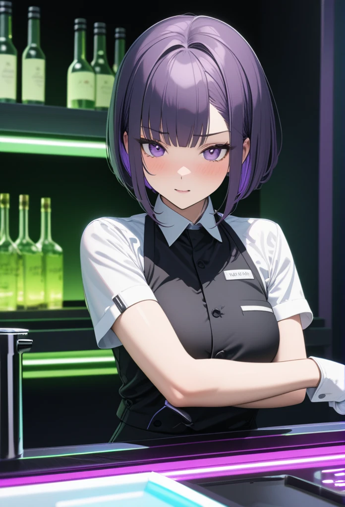 Adult Female, Black purple hair, slanted bob haircut, apathetic expression, perfect purple eyes, cyberpunk bar, bartender, bartender uniform, highly detailed, high quality, perfect quality, 8k, cleaning, solid black pupils