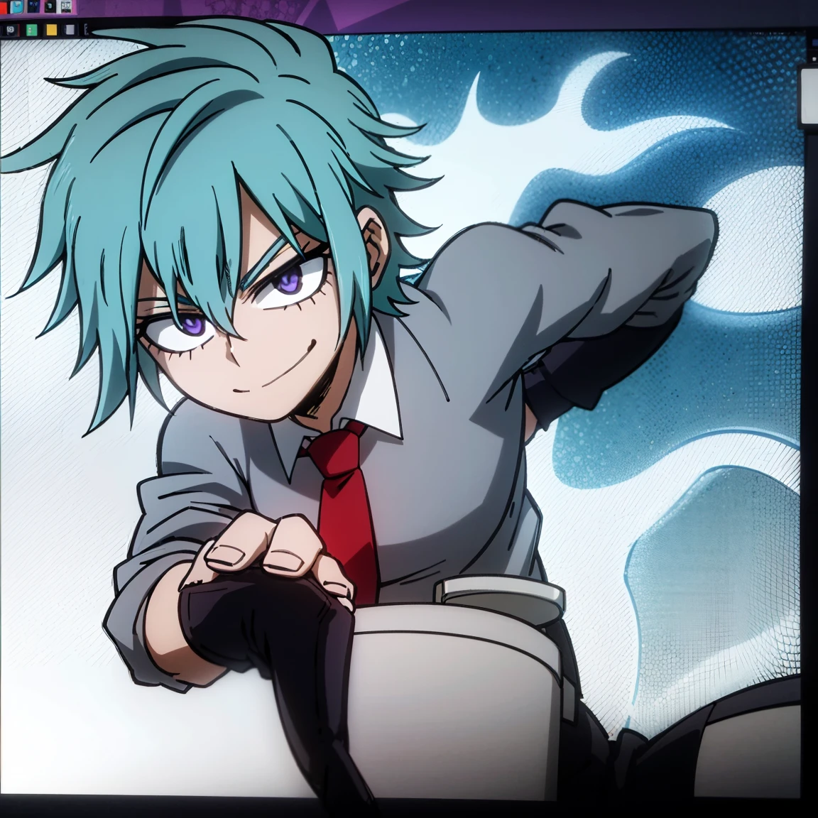 1boy, male focus, solo, muscular body, short hair, messy hair, aquamarine hair, violet eyes, smirk, gray jacket, red tie, white shirt, teal pants, boots