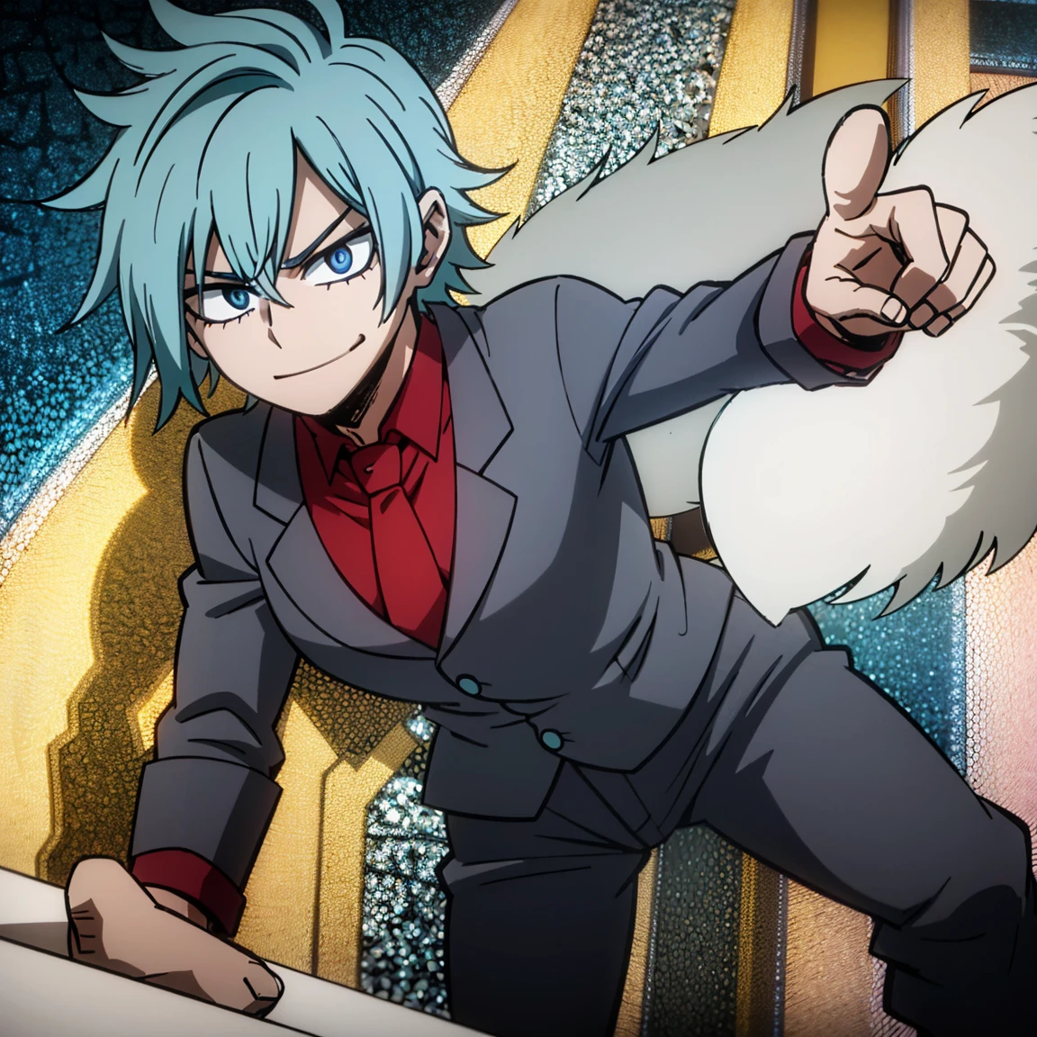 1boy, male focus, solo, muscular body, short hair, messy hair, aquamarine hair, violet eyes, smirk, gray jacket, red tie, white shirt, teal pants, boots