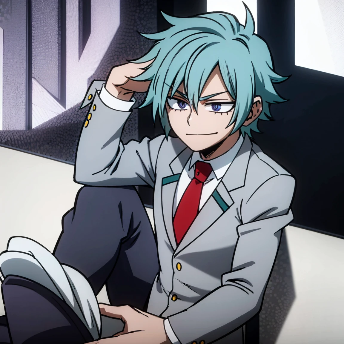 1boy, male focus, solo, muscular body, short hair, messy hair, aquamarine hair, violet eyes, smirk, gray jacket, red tie, white shirt, teal pants, boots