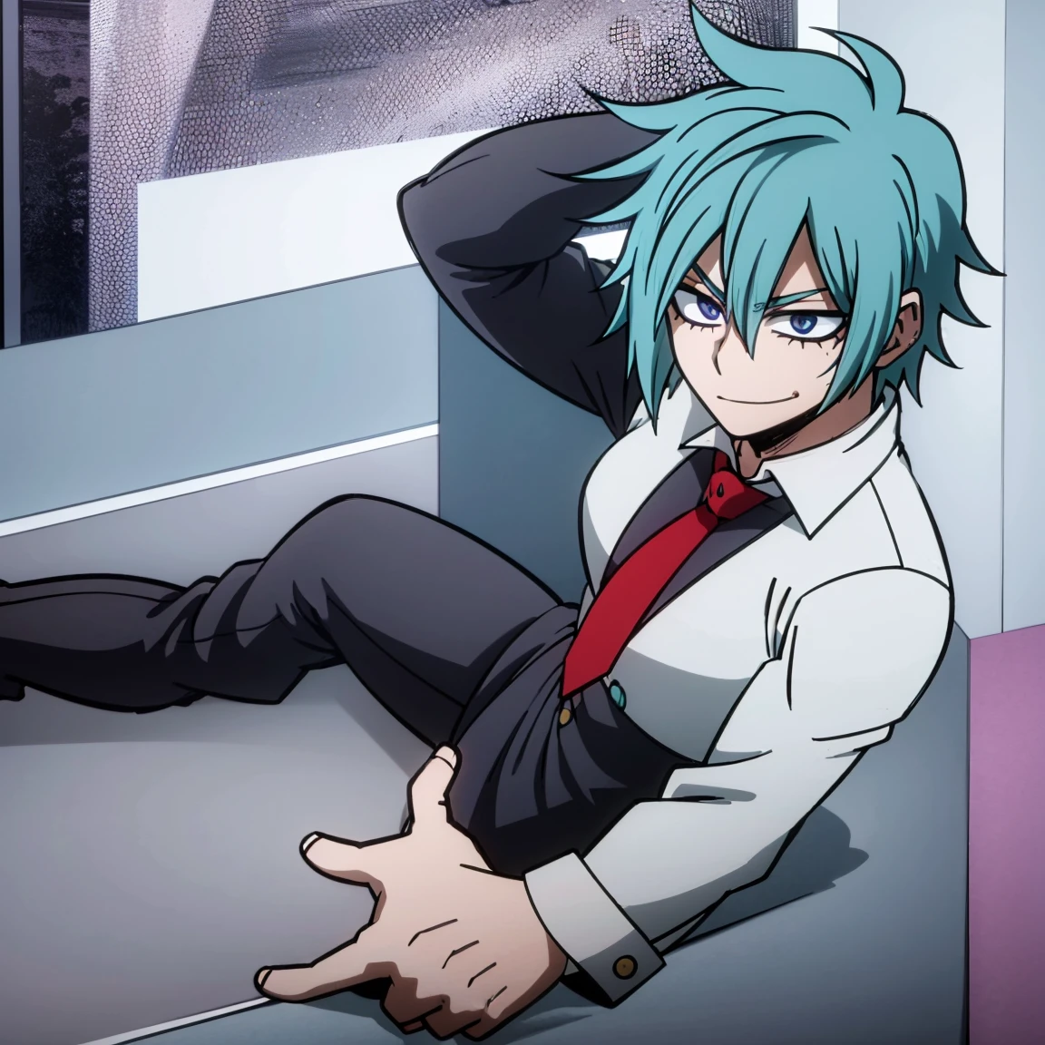 1boy, male focus, solo, muscular body, short hair, messy hair, aquamarine hair, violet eyes, smirk, gray jacket, red tie, white shirt, teal pants, boots