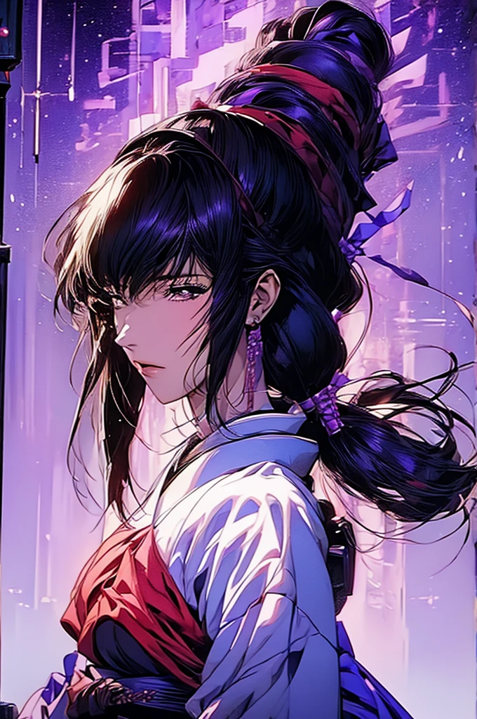 yukishiro_tomoe, huge breasts, standing, solo, white_kimono_purple_sash, masterpiece, best quality, detailed face, detailed eyes, highres,