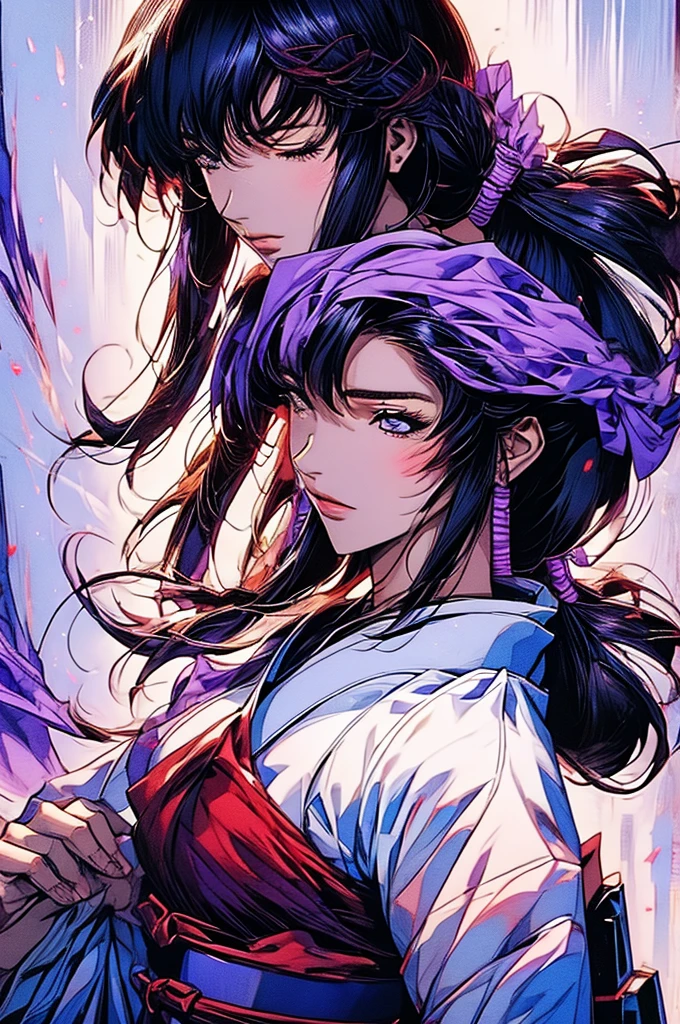 yukishiro_tomoe, huge breasts, standing, solo, white_kimono_purple_sash, masterpiece, best quality, detailed face, detailed eyes, highres,