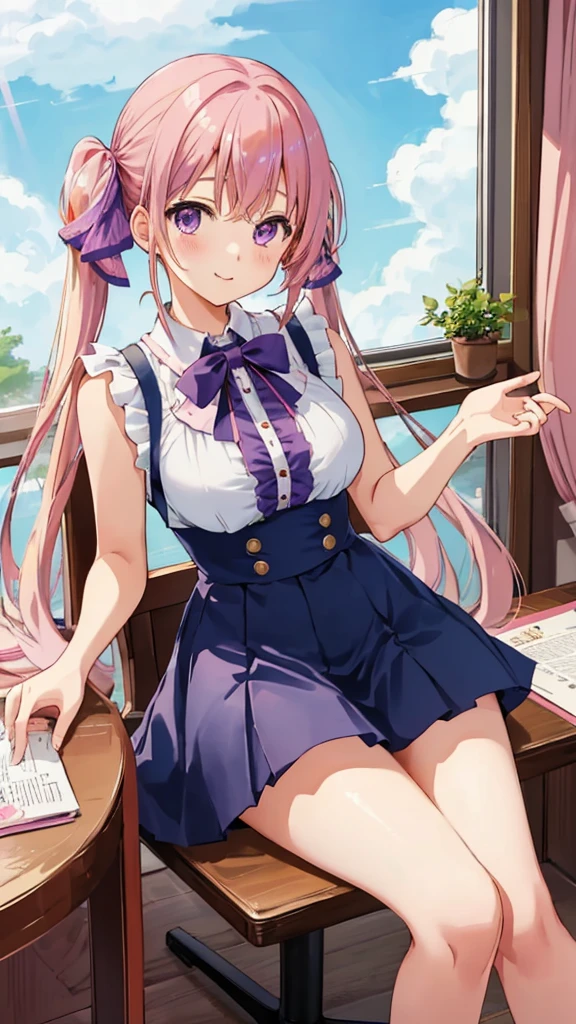 Highest quality、anime、solo、1 beautiful girl、Big Breasts、ribbon、Wink、Pink Hair、Twin tails、Purple eyes、original character、Sleeveless、Miniskirt room、living、Sitting in a chair、Writing something at the table
