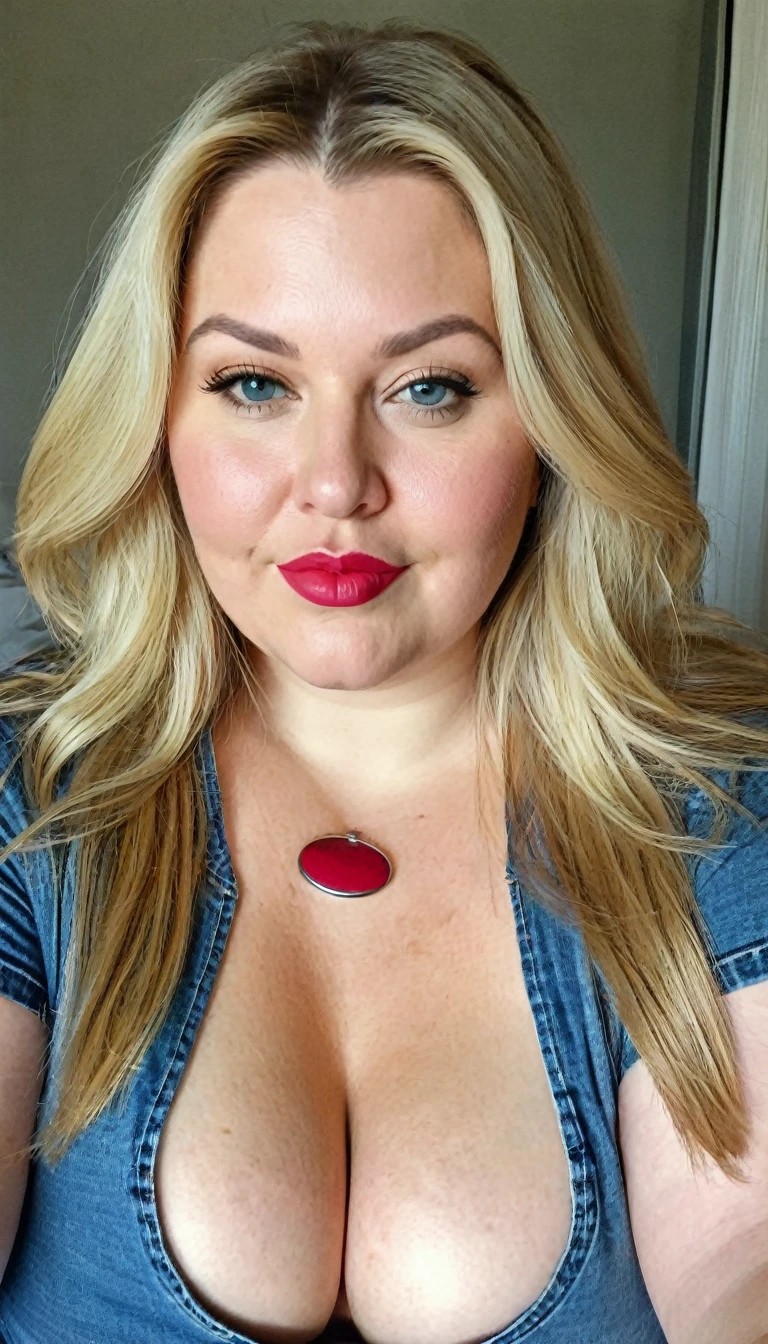 Fat woman, blonde, straight long hair, chubby, cleavage, 40 years old, caucasian, bbw, chubby, no makeup, morning face, large t-shirt and blue jeans, no bra underneath the shirt, braless, close up selfie, soft lipstick, full body picture