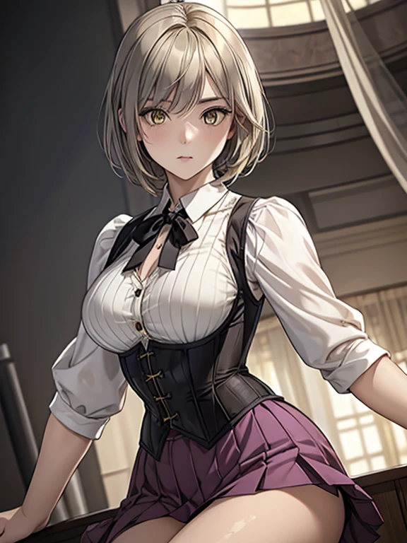 girl, Gray-haired, Short-haired, Yellow-eyed, Small breasts, Cat hair accessories, Side Lock, Gray-haired, Shiny Hair, uniform, (Golden Eyes: 1.2), (Skirt has two long triangular extensions, abdominal vest corset), White buttons on the best corset, (A short-sleeved striped shirt under a vest corset), (The cuffs are close to the arms), (Thick black ribbon around neck), ( short magenta skirt),