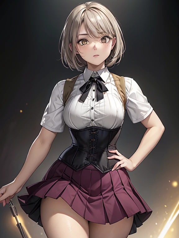 girl, Gray-haired, Short-haired, Yellow-eyed, Small breasts, Cat hair accessories, Side Lock, Gray-haired, Shiny Hair, uniform, (Golden Eyes: 1.2), (Skirt has two long triangular extensions, abdominal vest corset), White buttons on the best corset, (A short-sleeved striped shirt under a vest corset), (The cuffs are close to the arms), (Thick black ribbon around neck), ( short magenta skirt),