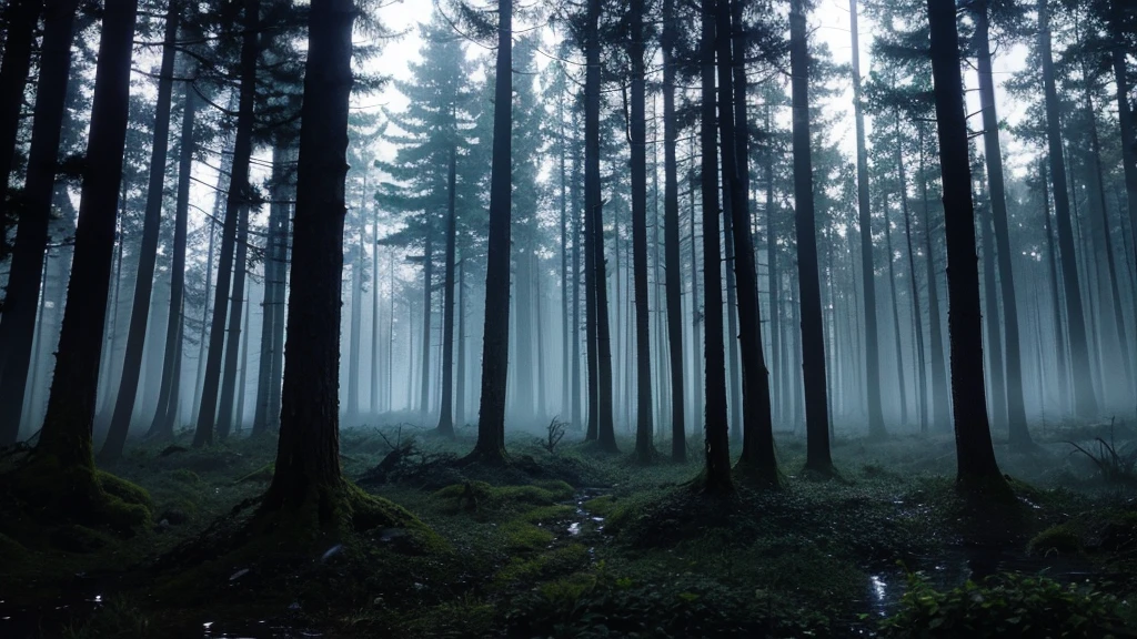 dark forest raining at night