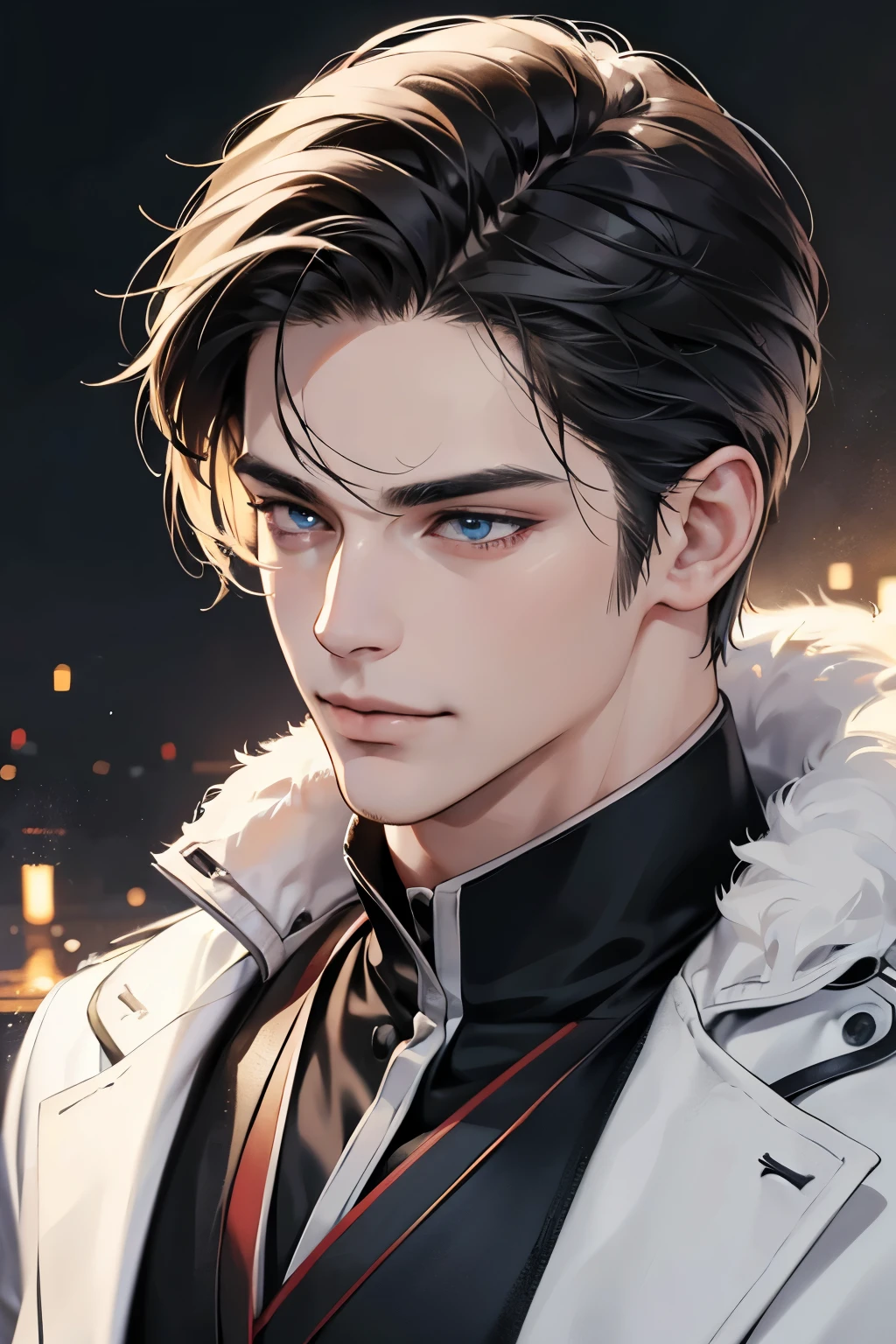(best quality,4k,8k,highres,masterpiece:1.2),ultra-detailed,(realistic,photorealistic,photo-realistic:1.37),30 year old man,3 day beard,handsome anime,portraits,strong,masculine,dark hair,sharp jawline,mesmerizing eyes,perfectly styled hair,cool anime outfit,confident expression,vibrant colors,dynamic lighting, CEO and expression smile in love.