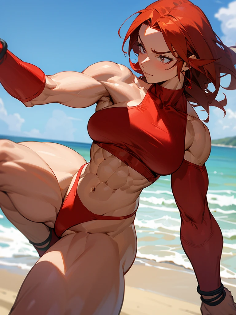 Anime redhead muscle mommy in a red thong bikini flexing her muscles with her hands behind her back so they are not visible to pridefully show off her rock hard abs on a white sanded beach, highly detailed 