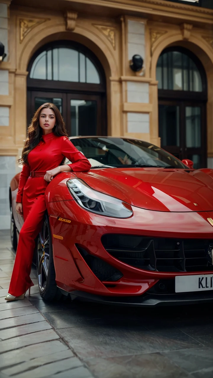 beautiful detailed woman with long curly light brown hair,beautiful detailed eyes,beautiful detailed lips,extremely detailed face and portrait,1 woman wearing white business attire,posing in a white and gold Ferrari,professional high quality studio photography,photorealistic,detailed interior of Ferrari,vivid colors,dramatic lighting,cinematic composition,award winning photography