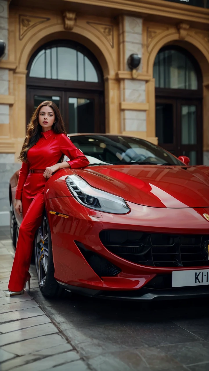 beautiful detailed woman with long curly light brown hair,beautiful detailed eyes,beautiful detailed lips,extremely detailed face and portrait,1 woman wearing white business attire,posing in a white and gold Ferrari,professional high quality studio photography,photorealistic,detailed interior of Ferrari,vivid colors,dramatic lighting,cinematic composition,award winning photography
