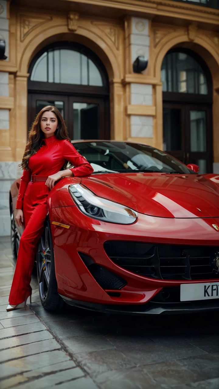 beautiful detailed woman with long curly light brown hair,beautiful detailed eyes,beautiful detailed lips,extremely detailed face and portrait,1 woman wearing white business attire,posing in a white and gold Ferrari,professional high quality studio photography,photorealistic,detailed interior of Ferrari,vivid colors,dramatic lighting,cinematic composition,award winning photography