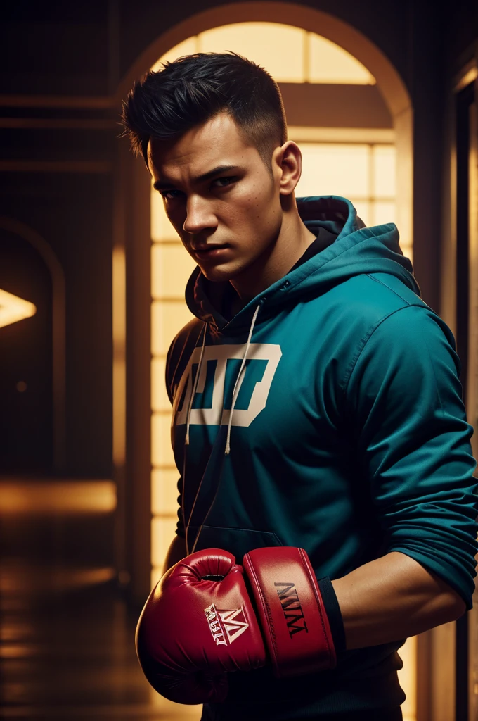 Intensely the film, a captivating poster. The composition exudes cinematic lighting and color gradation. A scene with the octagon in the background, and in the hallway, a young man entering with boxing gloves, a sweaty shirt and a tired expression. A bright and hopeful atmosphere. Inspired by the conceptual works of Maciej Kuciara, Jama Jurabayev and Wojtek Fus, this poster incorporates a rich gradation of cinematic colors.