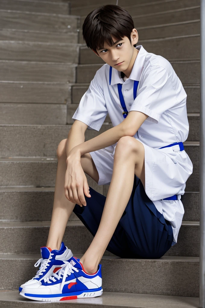 Drawing of shinji ikari sitting on stairs neon genesis Evangelion style