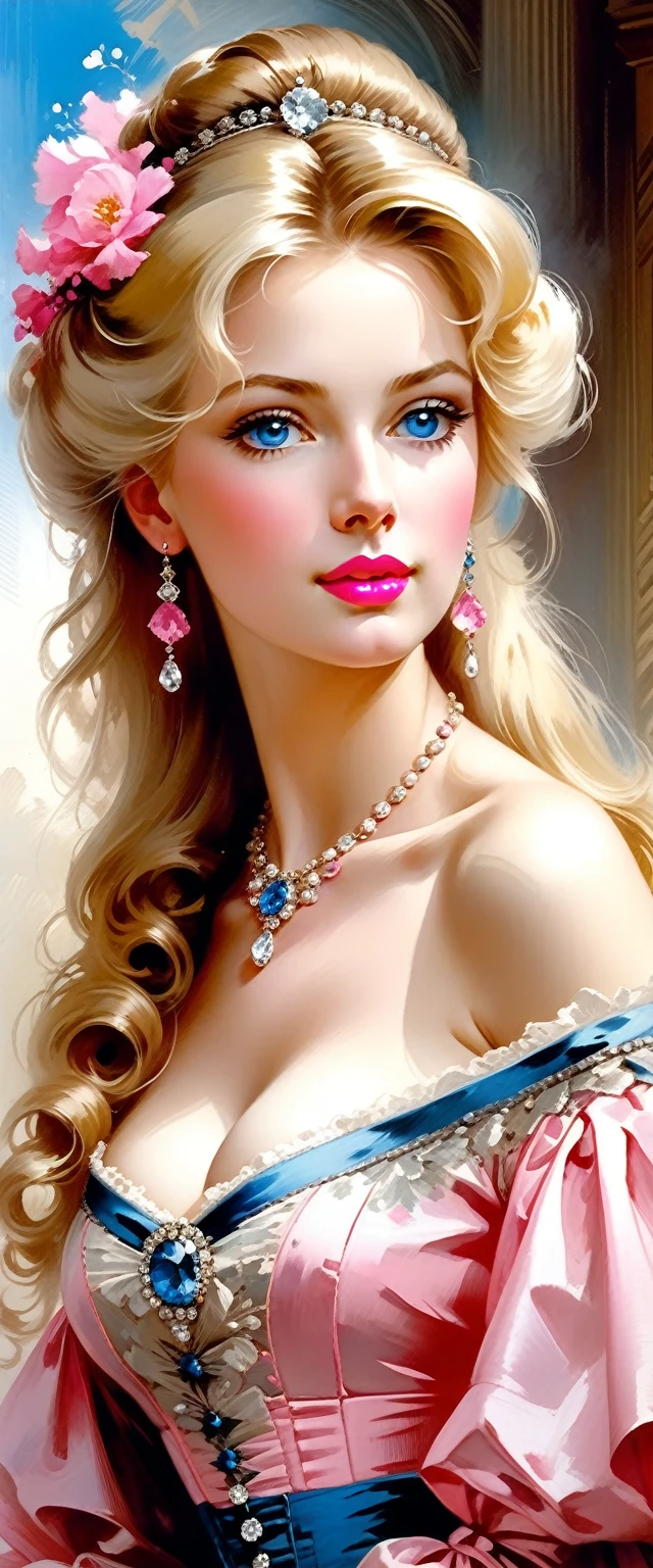 Victorian Hungarian women Women of the 19th century, Blonde hair, Pink lips, Nice feature, Wadim Kashin, james gurney, ink, Splash Art", Amazing beauty , Royo, after sexing, Super detailed splash art modern European ink painting, mid gorgeous breasts, gorgeous body, diamond blue eyes, blush, oil painting.