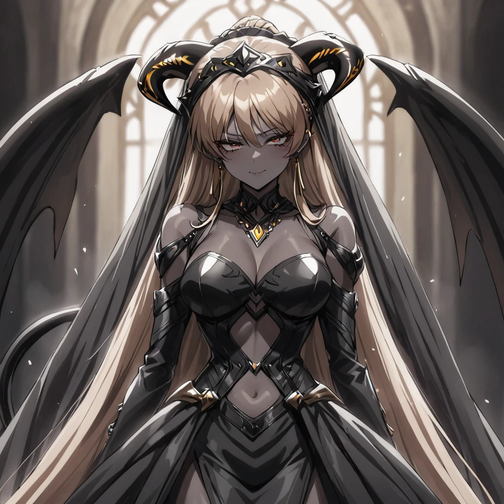 ((Highest quality)), ((masterpiece)), (detailed), (Perfect Face)、The woman is a sexy devil with jet black skin、The woman is a jet-black female demon with magnificent devil horns, jet-black devil wings, and a jet-black tail. Her skin is jet-black, and she is wearing a luxurious black wedding dress and a black wedding veil. She is the jet-black demon Princess Leona, with medium-long light brown hair, a demon in both body and mind, and the expression of a maiden in love.、The woman is the wife of a dignified and powerful demon king, her beloved husband.