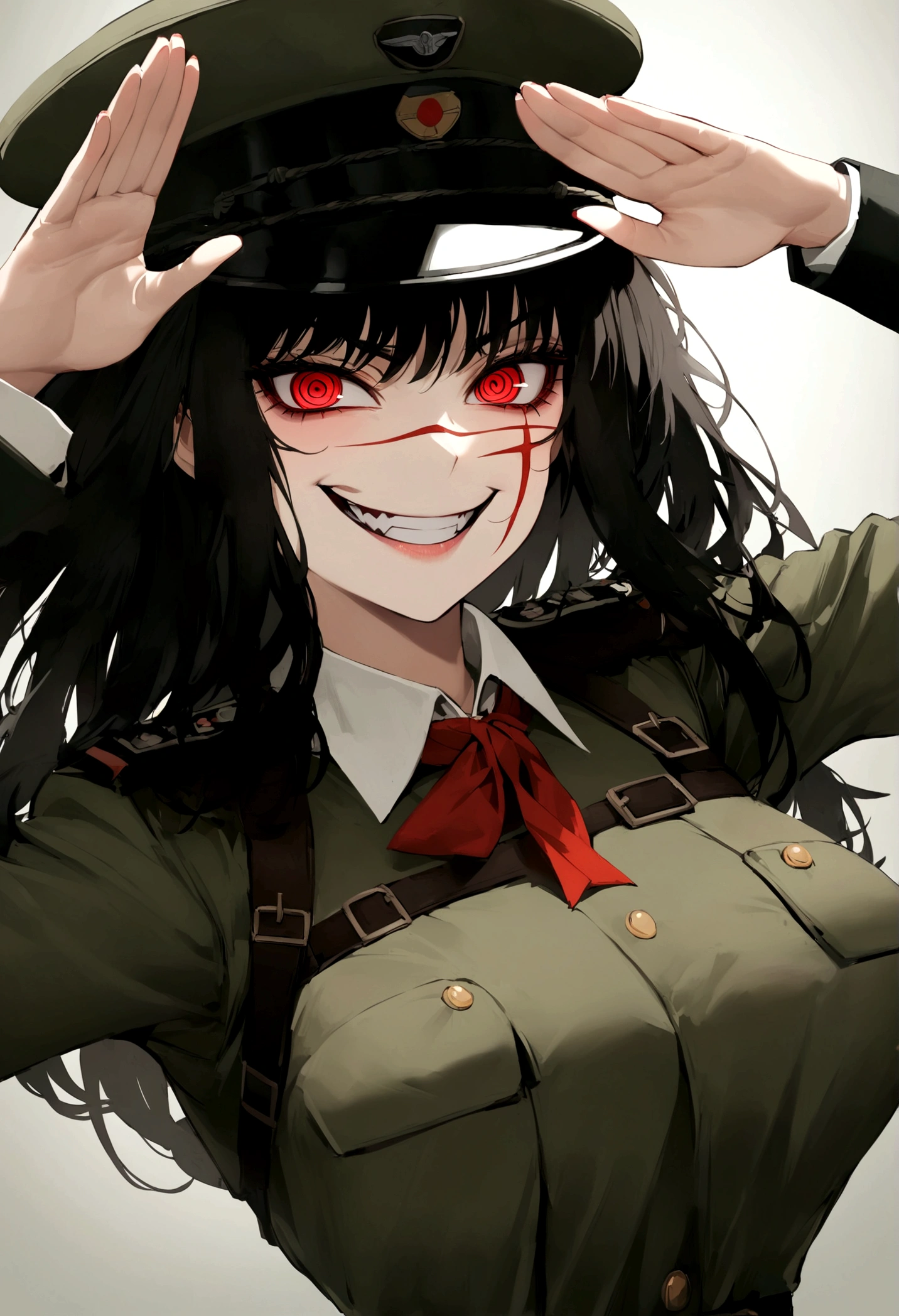 Girl, Yoru, WWII German military uniform, evil smile, piercing red eyes, ringed eyes, open jacket ,large breast, military hat, military salute