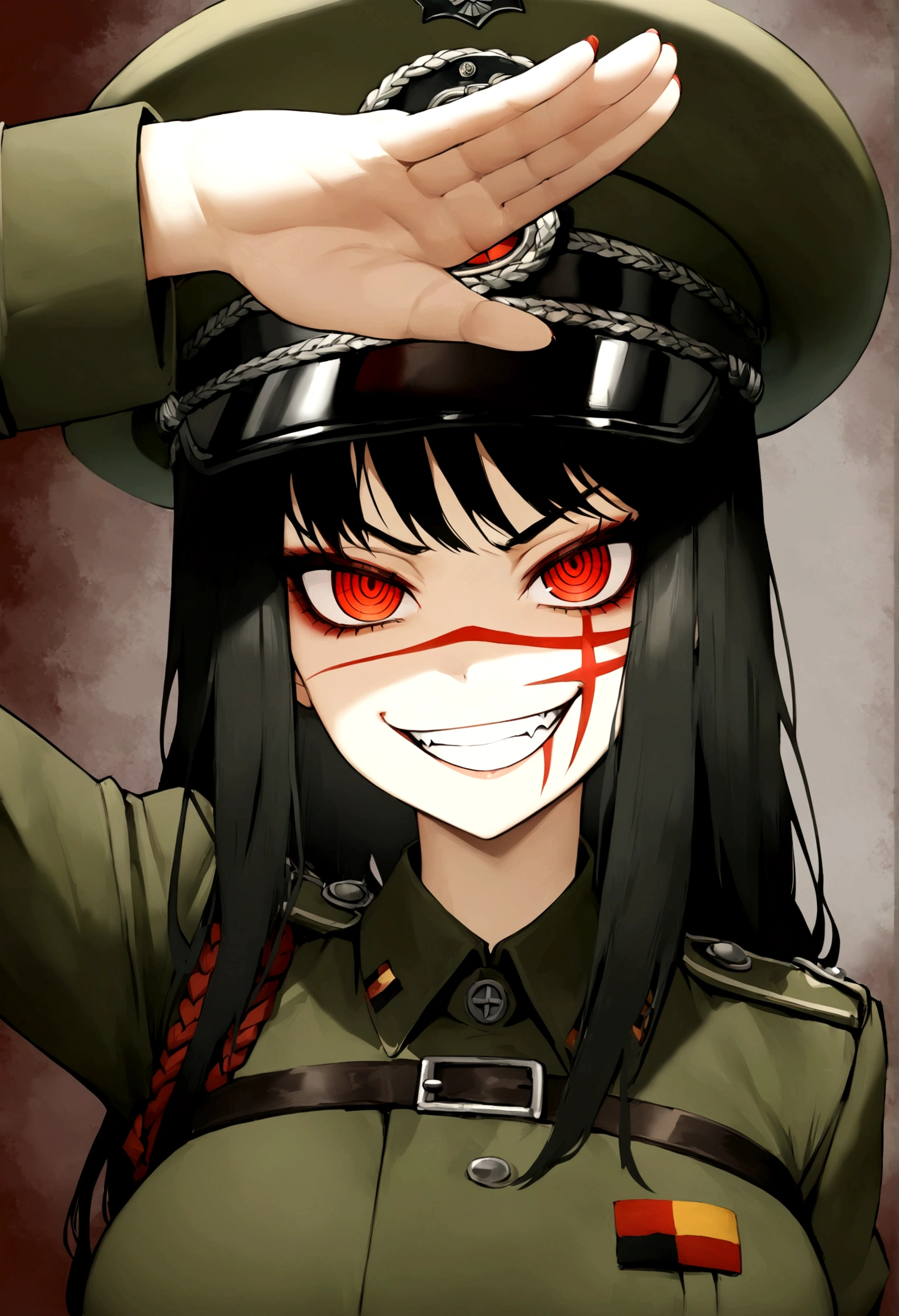 Girl, Yoru, WWII German military uniform, evil smile, piercing red eyes, ringed eyes, open jacket ,large breast, military hat, military salute