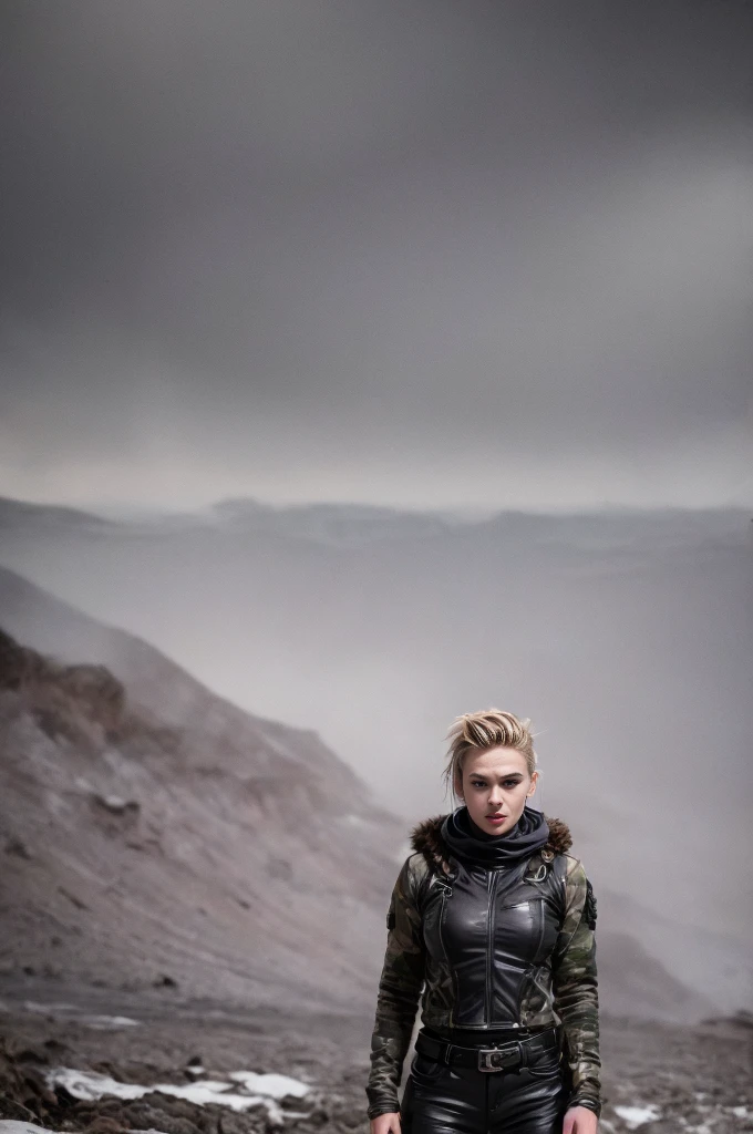 masterpiece, portrait of a beautiful 17 year old Norwegian girl in a post-apocalyptic frozen desert, Punk blonde with short hair, shaved on the sides, grey-blue eyes, very pale skin, highly detailed skin, Cool face, Tense face, Dramatic face, Hard Face, wearing dirty white military pants, wear a white and gray military scarf, wear a winter camouflage military vest in gray and white, wear punk style jewelry, Viking tattoos on skin, Cool Girl, The Killer Girl, Wild Girl, postapocalyptic style, RAW, dramatic lighting, threatening the Scandinavian skies, 8 k, Ultra high resolution.Photorealistic, uhd, First phase of XF IQ4, 150 MP, post-apocalyptic frozen snowy fjord landscape in the background, dirt, dust, rumbles, wreckage, action pose, (Mad Max movie atmosphere:1.2)