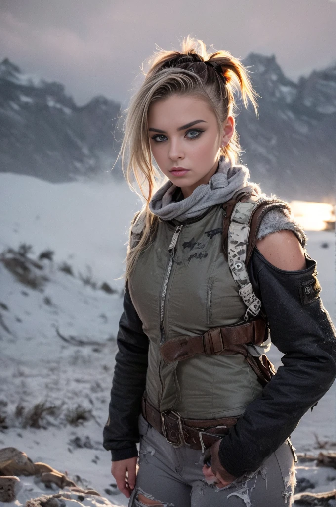 masterpiece, portrait of a beautiful  Norwegian girl in a post-apocalyptic frozen desert, Punk blonde with short hair, shaved on the sides, grey-blue eyes, very pale skin, highly detailed skin, Cool face, Tense face, Dramatic face, Hard Face, wearing dirty white military pants, wear a white and gray military scarf, wear a winter camouflage military vest in gray and white, wear punk style jewelry, Viking tattoos on skin, Cool Girl, The Killer Girl, Wild Girl, postapocalyptic style, RAW, dramatic lighting, threatening the Scandinavian skies, 8 k, Ultra high resolution.Photorealistic, uhd, First phase of XF IQ4, 150 MP, post-apocalyptic frozen snowy fjord landscape in the background, dirt, dust, rumbles, wreckage, action pose, (Mad Max movie atmosphere:1.2)