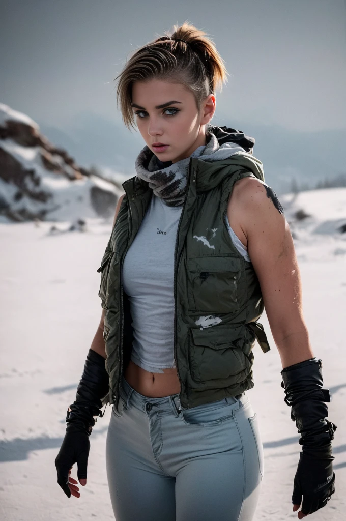 masterpiece, portrait of a beautiful 17 year old Norwegian girl in a post-apocalyptic frozen desert, Punk blonde with short hair, shaved on the sides, grey-blue eyes, very pale skin, highly detailed skin, Cool face, Tense face, Dramatic face, Hard Face, wearing dirty white military pants, wear a white and gray military scarf, wear a winter camouflage military vest in gray and white, wear punk style jewelry, Viking tattoos on skin, Cool Girl, The Killer Girl, Wild Girl, postapocalyptic style, RAW, dramatic lighting, threatening the Scandinavian skies, 8 k, Ultra high resolution.Photorealistic, uhd, First phase of XF IQ4, 150 MP, post-apocalyptic frozen snowy fjord landscape in the background, dirt, dust, rumbles, wreckage, action pose, (Mad Max movie atmosphere:1.2)