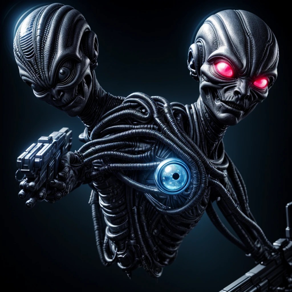 cute alien with a space gun, 1 alien, detailed alien face, alien holding futuristic space gun, detailed alien hands, detailed alien eyes, detailed alien expression, alien in a sci-fi setting, advanced alien technology, glowing neon lights, vibrant color palette, cinematic lighting, dramatic shadows, intricate alien features, detailed alien skin texture