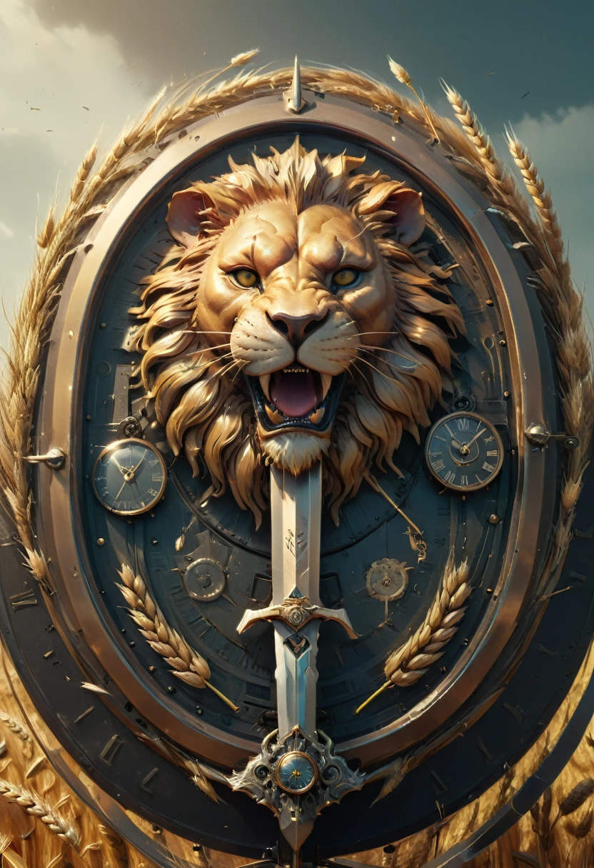 Epic Shield, por Beeple, melhorar, intricate, (best qualityer, work of art, Representative work, offcial art, proffesional, 8K) Flat 2D effects,Wheat ears,in the center of the medallion is a sword there is a lion, on the right paw there is a clock, on the left paw, hour glass