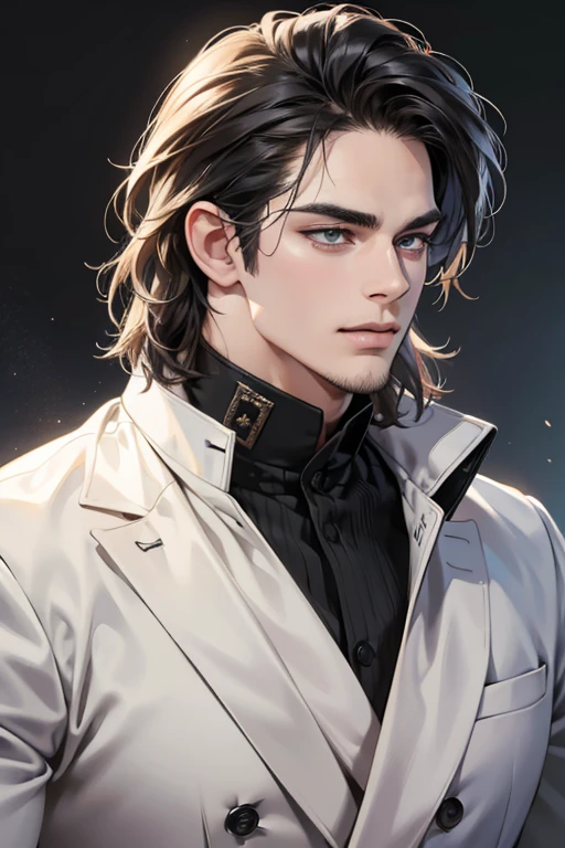 (best quality,4k,8k,highres,masterpiece:1.2),ultra-detailed,(realistic,photorealistic,photo-realistic:1.37),30 year old man,3 day beard,handsome anime,portraits,strong,masculine,dark hair,sharp jawline,mesmerizing eyes,perfectly styled hair,cool anime outfit,confident expression,vibrant colors,dynamic lighting, CEO and expression smile in love.
