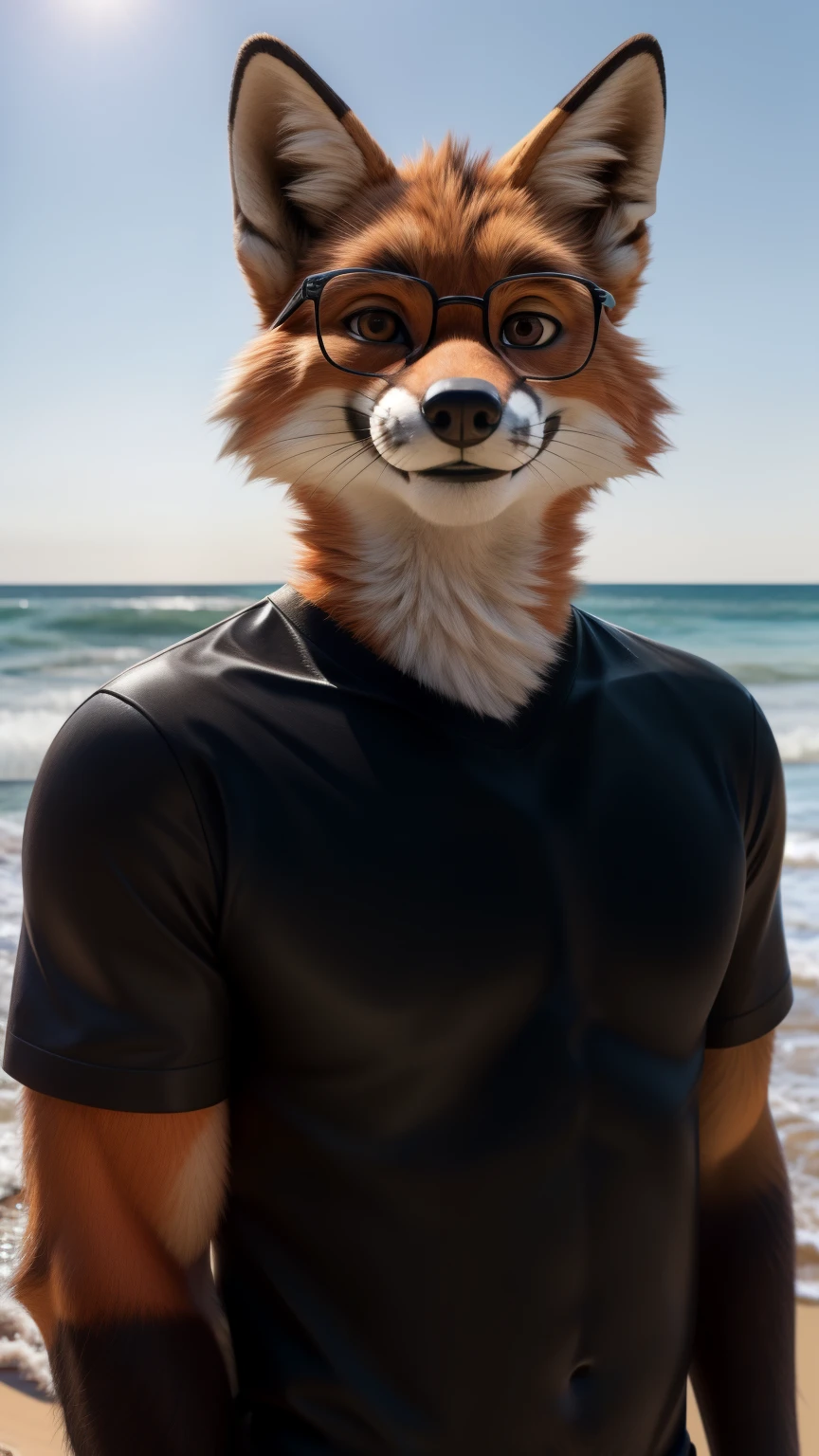 An adult man in his 30s wearing a fox fur suit alone outdoors on the background of a beach smiling at the camera, ((wide torso)), Tall Man, arms with black fur, Brown eyes, with glasses, black shirt, a black short