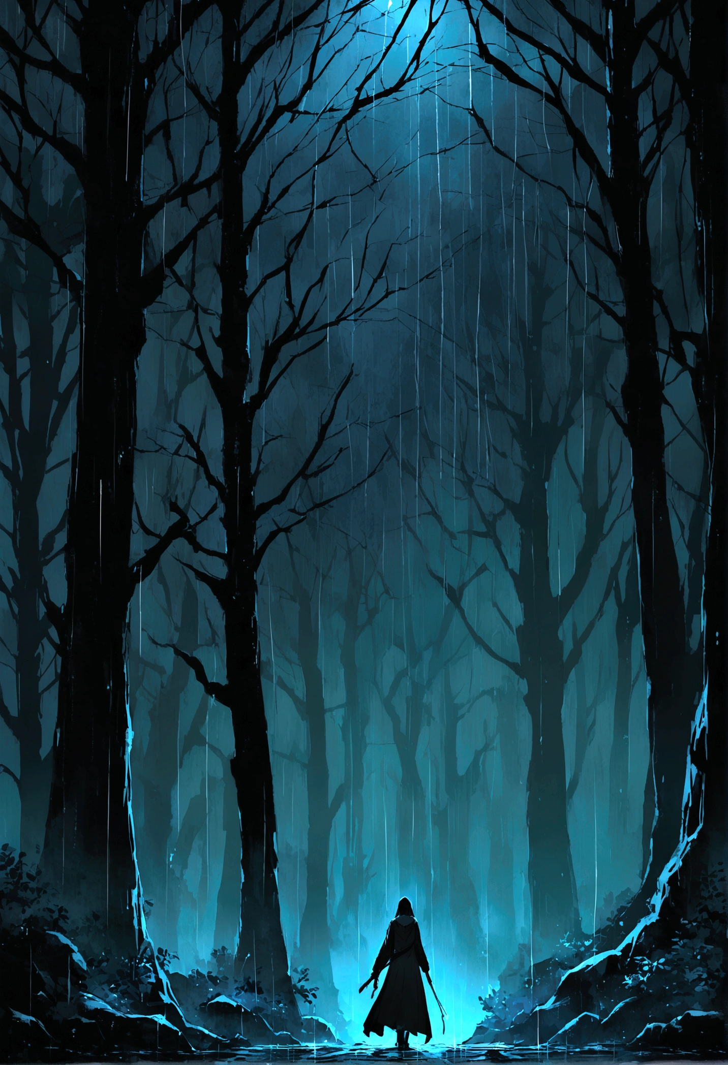 dark forest raining at night