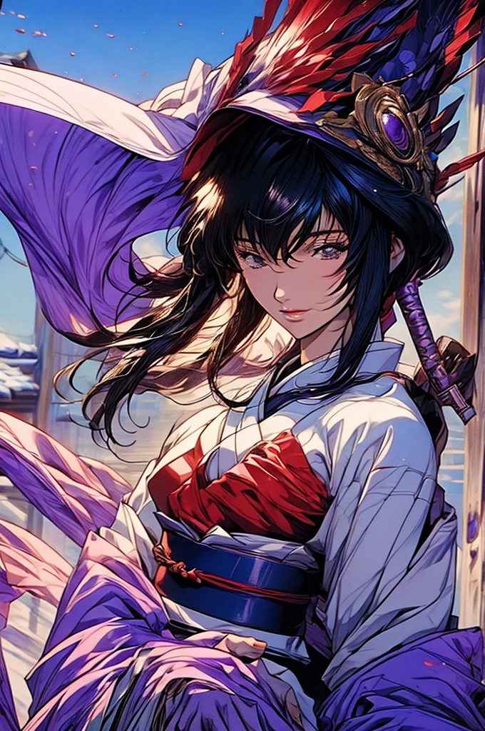 yukishiro_tomoe, huge breasts, standing, solo, white_kimono_purple_sash, masterpiece, best quality, detailed face, detailed eyes, highres,