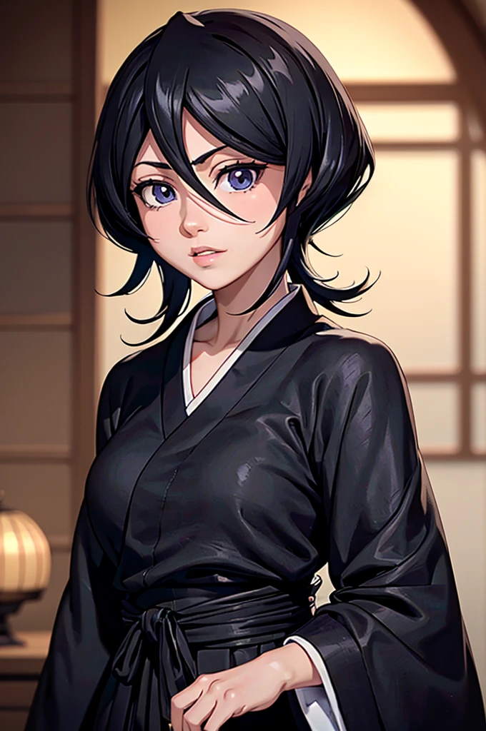 rich in detail, Incredible lines of color and detailed lighting, amazing detailed face, amazing detailed hair, incredible detailed eye, amazing detailed nose, amazing detailed lips. a young and beautiful girl wearing a black kimono and with her hand in her short black hair, with a smile on her face rukia kuchiki.
