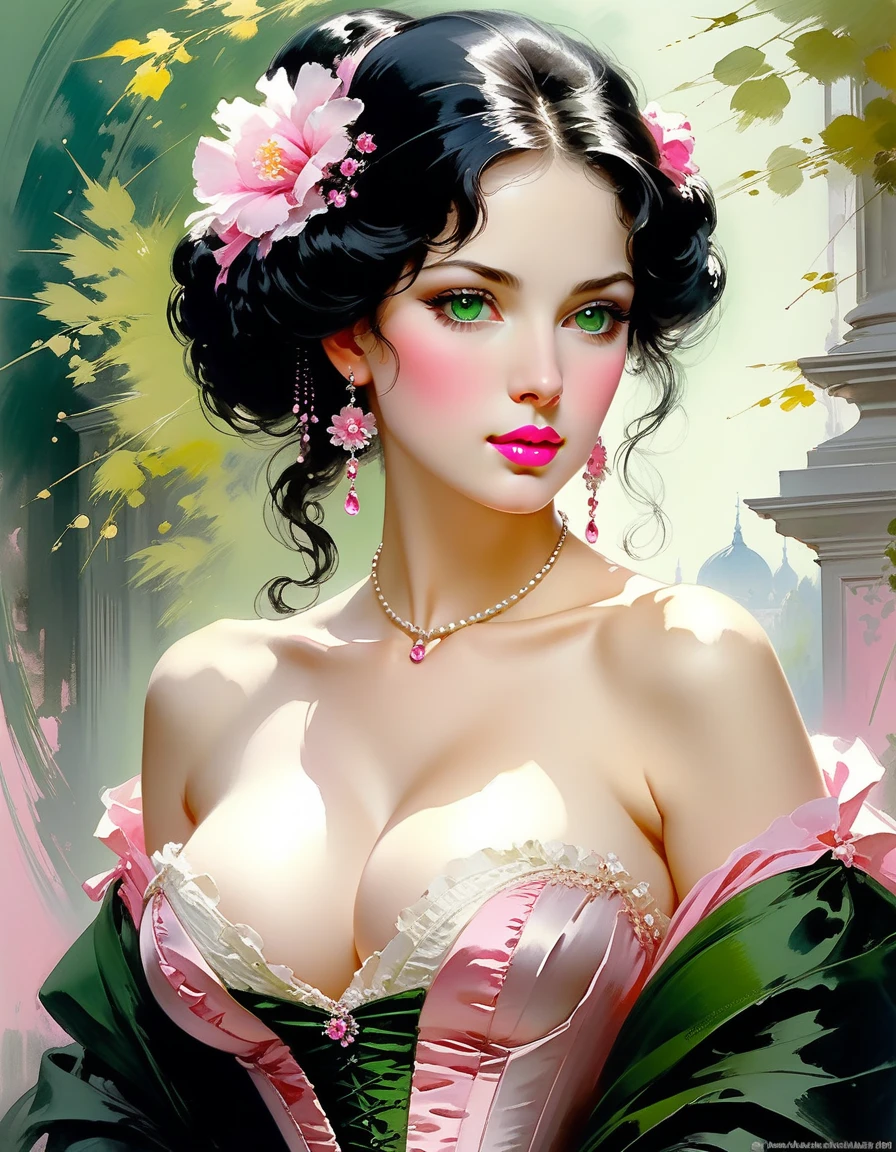 Victorian Hungarian women Women of the 19th century, Black hair, pink lips, Nice feature, Wadim Kashin, james gurney, ink, Splash Art", Amazing beauty , Royo, after sexing, Super detailed splash art modern European ink painting, mid gorgeous breasts, gorgeous body, oil painting, green eyes, blush.