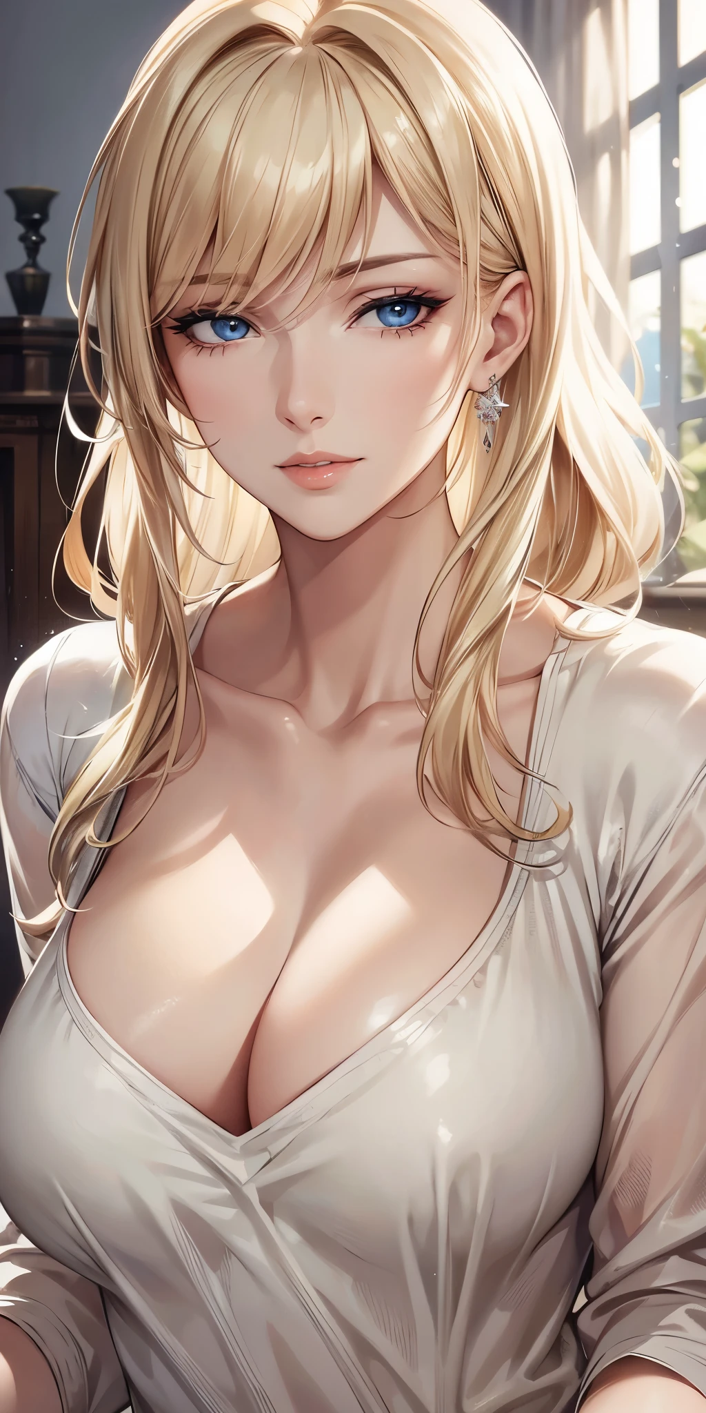 Realistic, Elegant mature woman, blue eyes, blonde hair, soft light, high detailed, 4k resolution, high quality, beautiful cg
