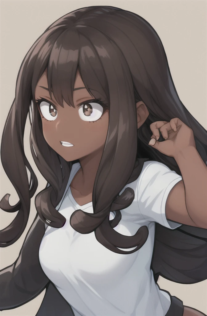 Horikoshi Kouhei, 1 girl, Dark skin, , high school clothes, dark brown hair, borroso background, Boku no hero academia, high resolution, Brown eyes, almond eyes, long hair, afro hair