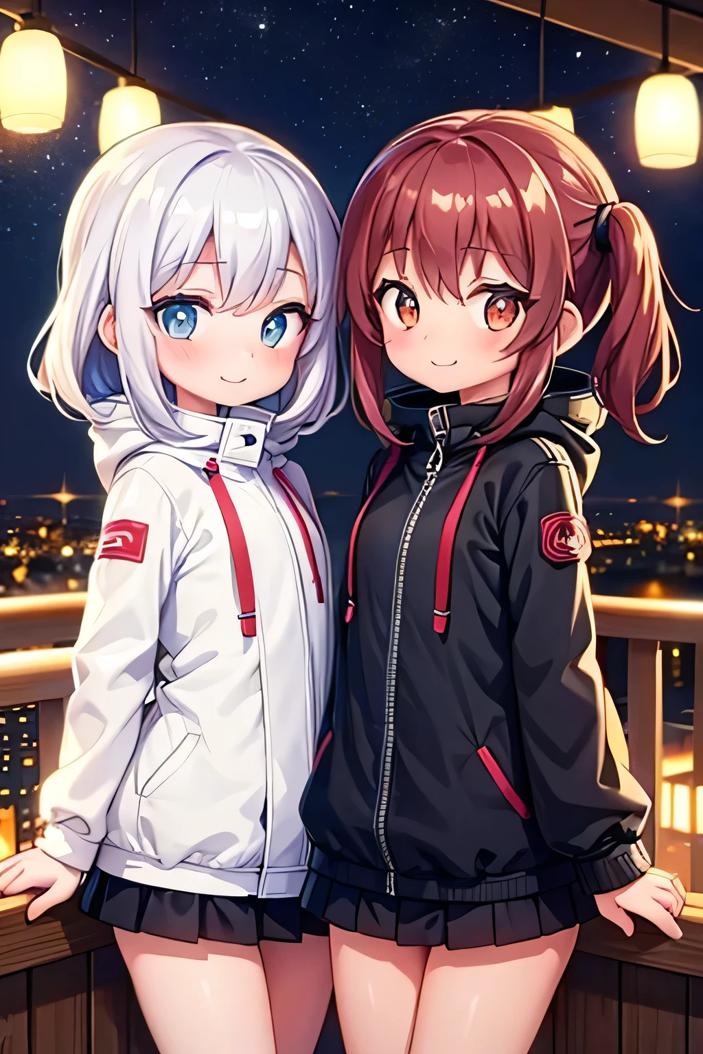 Two girls in jackets on a balcony at night looking at the viewer con una sonrisa