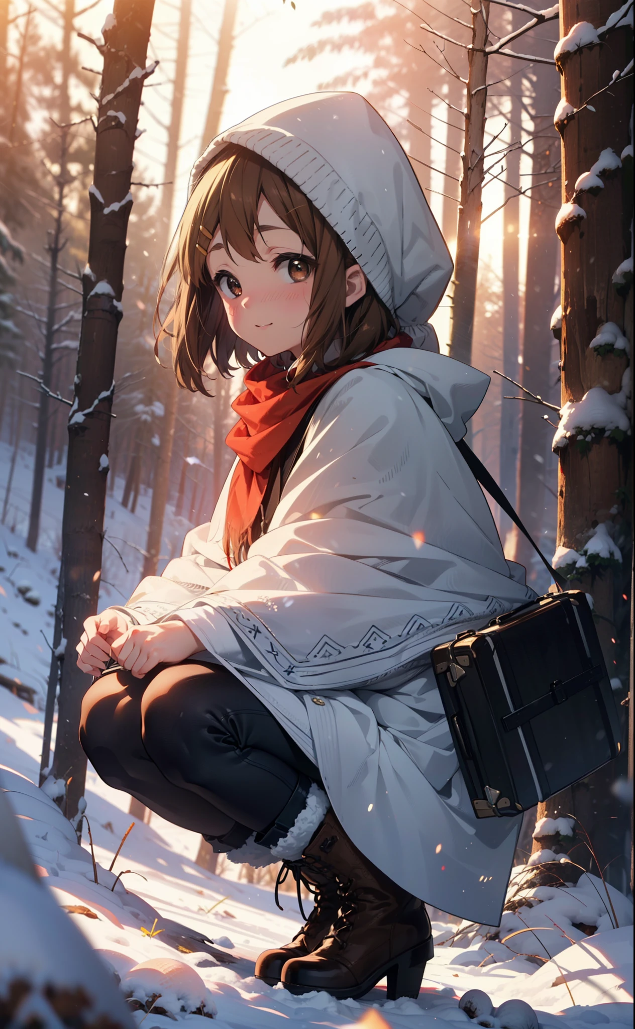 yuihirasawa, Yui Hirasawa, short hair, Brown Hair, hair ornaments, (Brown eyes:1.5), Hair Clip、smile,smile,blush,White Breath,
Open your mouth,snow,Ground bonfire,, Outdoor, boots, snowing, From the side, wood, suitcase, Cape, Blurred, , forest, White handbag, nature, Squat, Mouth closed, Cape, winter, Written boundary depth, Black shoes, red Cape break looking at viewer, Upper Body, whole body, break Outdoor, forest, nature, break (masterpiece:1.2), Highest quality, High resolution, unity 8k wallpaper, (shape:0.8), (Beautiful and beautiful eyes:1.6), Highly detailed face, Perfect lighting, Highly detailed CG, (Perfect hands, Perfect Anatomy),