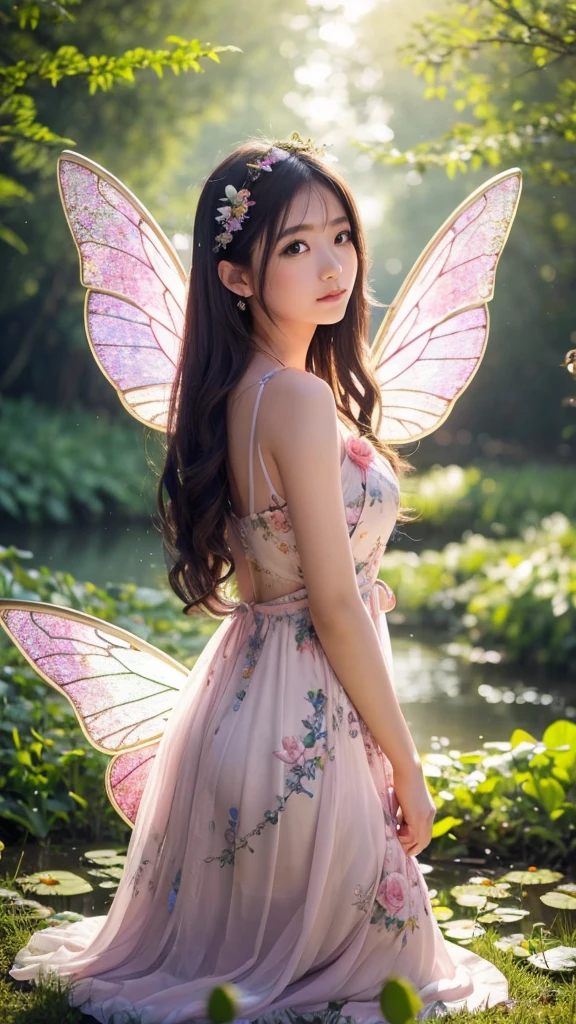 Sit on、Fairy of light appeared in the forest at dusk in spring. She is beautiful,Big fairy wings, Bright female statue with stained glass butterfly wings on her back. She wears elaborate and delicate jewelry.. Fantastic forest fountain with wildflowers. detailed drawin. Vibrant colors. expensive、Lake at dusk、Lotus flower、Pink Dress、Highest quality、Bokeh Depth of Field、Front Focus、fog、Cuticle hair