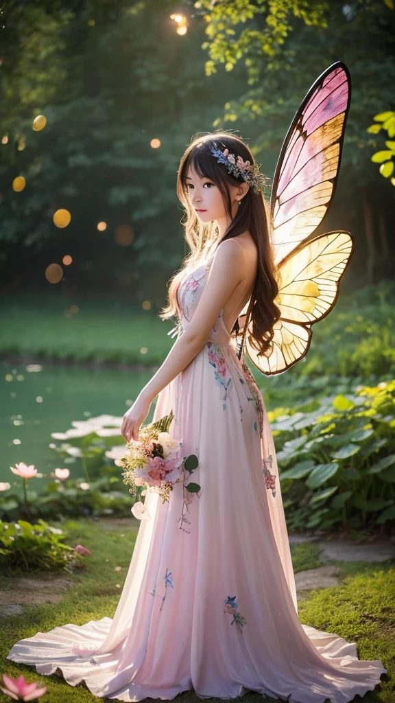 Sit on、Fairy of light appeared in the forest at dusk in spring. She is beautiful,Big fairy wings, Bright female statue with stained glass butterfly wings on her back. She wears elaborate and delicate jewelry.. Fantastic forest fountain with wildflowers. detailed drawin. Vibrant colors. expensive、Lake at dusk、Lotus flower、Pink Dress、Highest quality、Bokeh Depth of Field、Front Focus、fog、Cuticle hair