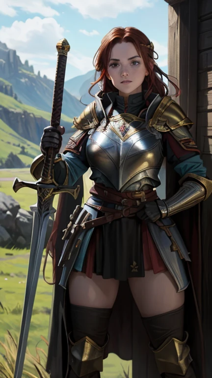 Medieval female warrior princess(Daisy Ridley face), beautiful face, heavy armor(black and gold), athletic physique, exposed thighs, breast plate, long red hair tied braid, light blue eyes, long sword in her hands, background open field