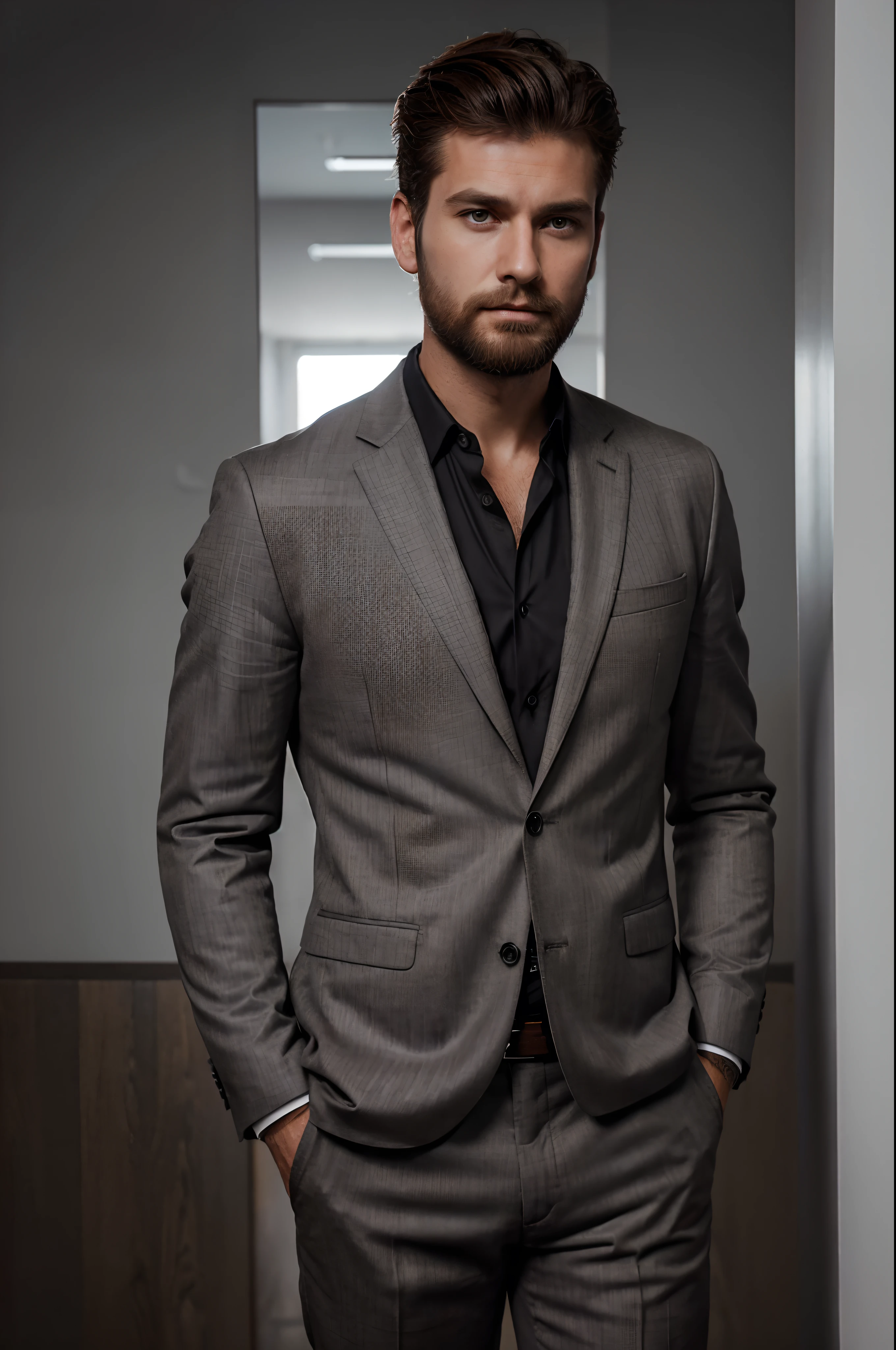 30 years old handsome man, extremely masculine, Barba, CRU photo, chestnut hair, quiff hairstyle, black office shirt, plain gray suit (slim fit), high detail face, direct gaze, High detail hands, high detail eyes, Caucasian skin, ultrarealistic, full posture photo, Nikon, dark shot