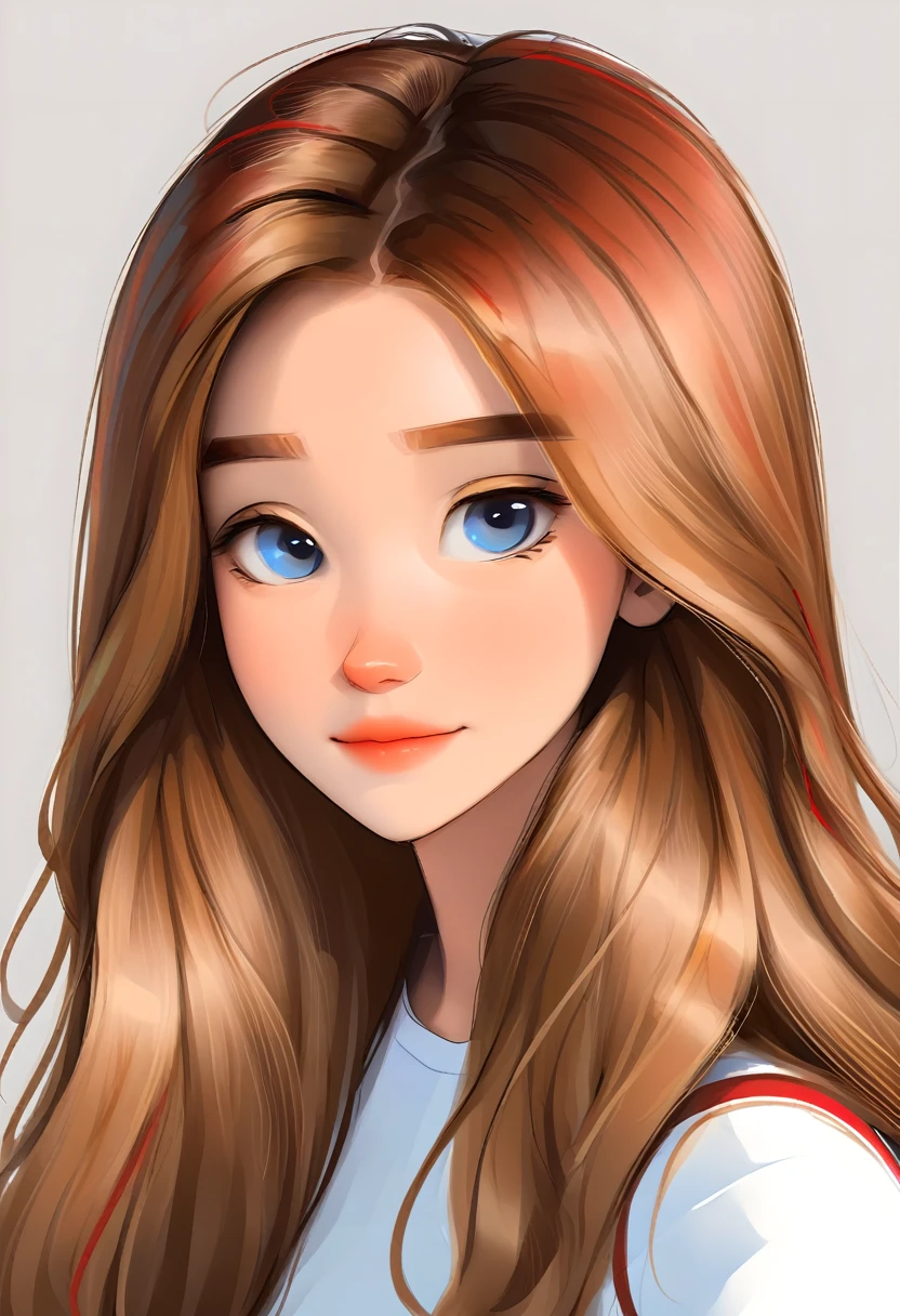 portrait of a cute woman, long hair, light brown hair with red highlights, blue eyes, wearing white, White background, webtoon style