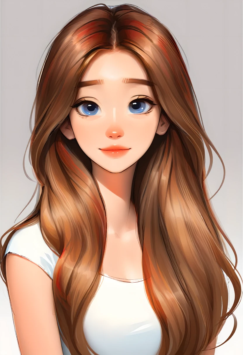 portrait of a cute woman, long hair, light brown hair with red highlights, blue eyes, wearing white, White background, webtoon style