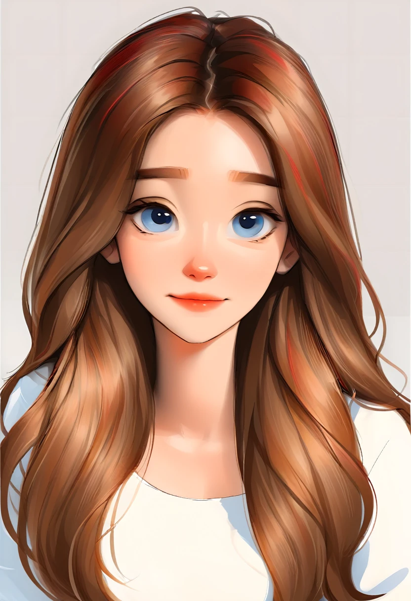 portrait of a cute woman, long hair, light brown hair with red highlights, blue eyes, wearing white, White background, webtoon style