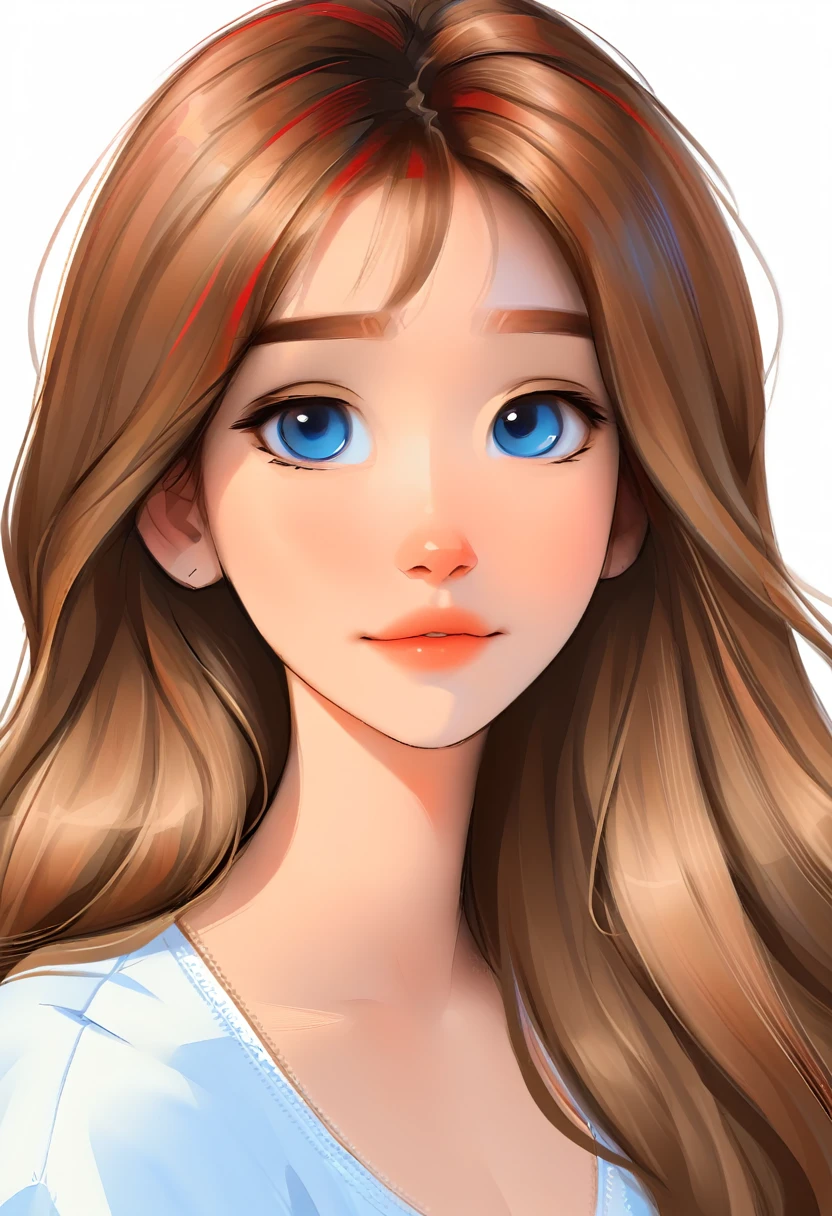 portrait of a cute woman, long hair, light brown hair with red highlights, blue eyes, wearing white, White background, webtoon style