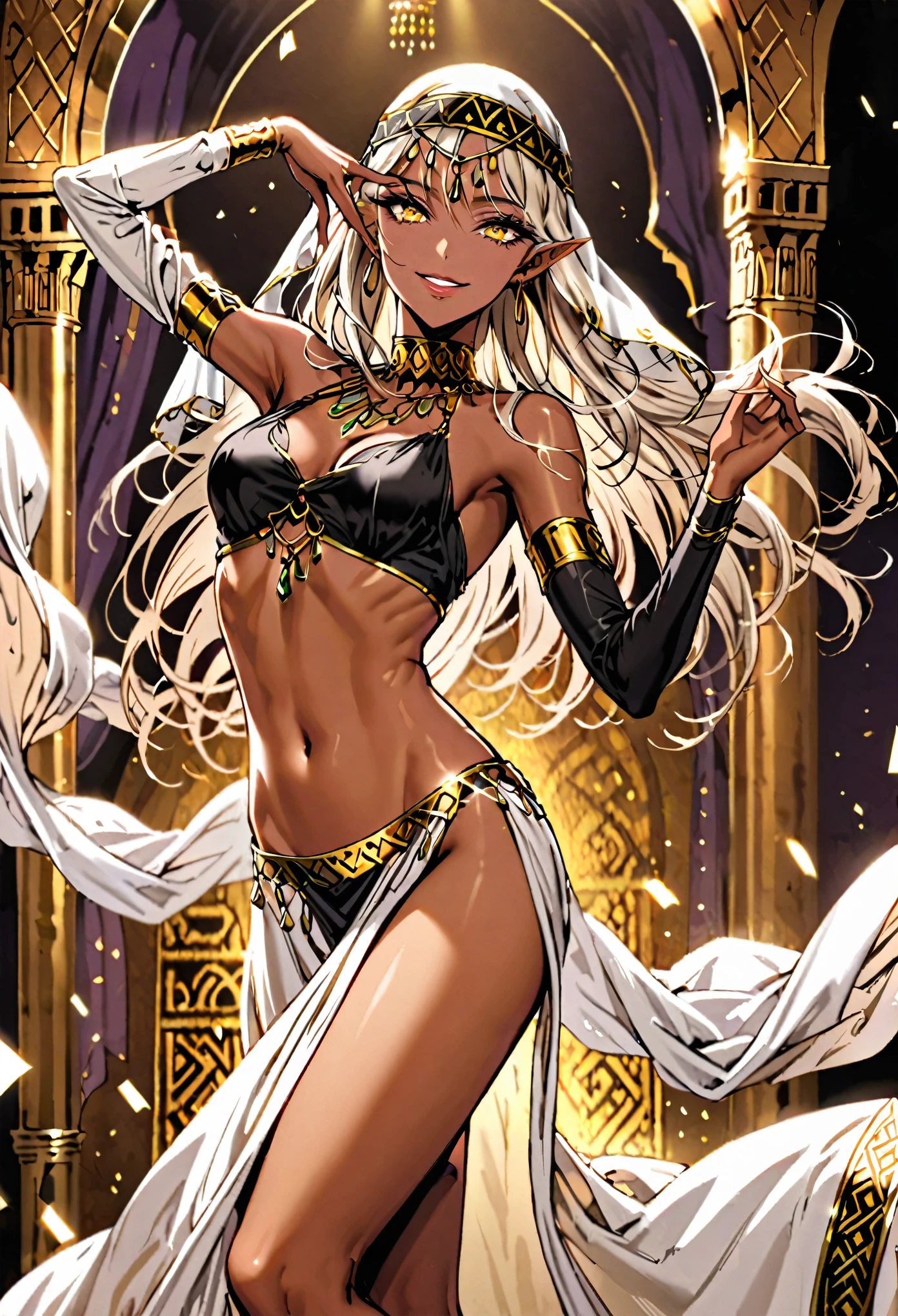 female, sfw, copper skin, long hair, platinum blonde hair, silky hair, braided hair, pointed ears, slim waist, bandit, Arabian, dancing, golden eyes, smile, abs, veil, seductive