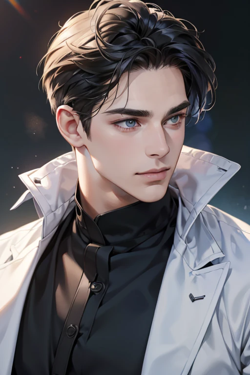 (best quality,4k,8k,highres,masterpiece:1.2),ultra-detailed,(realistic,photorealistic,photo-realistic:1.37),30 year old man,3 day beard,handsome anime,portraits,strong,masculine,dark hair,sharp jawline,mesmerizing eyes,perfectly styled hair,cool anime outfit,confident expression,vibrant colors,dynamic lighting, CEO and expression smile in love.